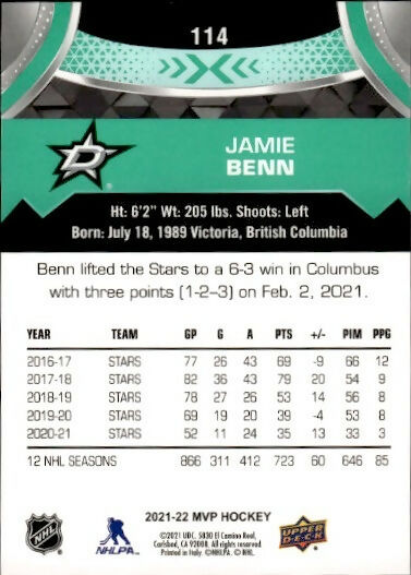 2021-22 Upper Deck MVP Hockey - Base #114 Jamie Benn - Dallas Stars