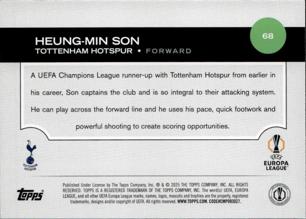 2024-25 Topps UEFA Club Competitions - Base #68 Heung-Min Son - Tottenham Hotspur - B