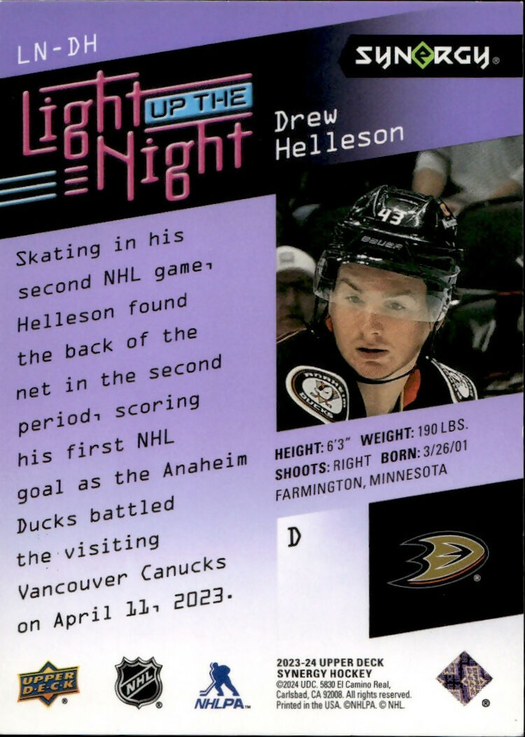 2023-24 Upper Deck Synergy Hockey - Light Up The Night Rookie :999 #LN-DH Drew Helleson - Anaheim Ducks - B