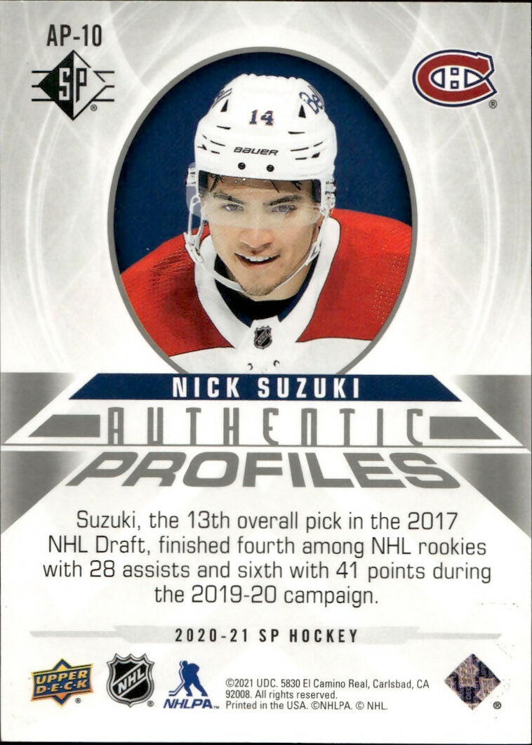 2020-21 Upper Deck SP Authentic Hockey - Authentic Profiles /1299 #AP-10 Nick Suzuki - Montreal Canadiens