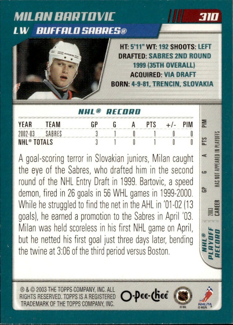 2003-04 O-Pee-Chee - Base #310 Milan Bartovic - Buffalo Sabres - B