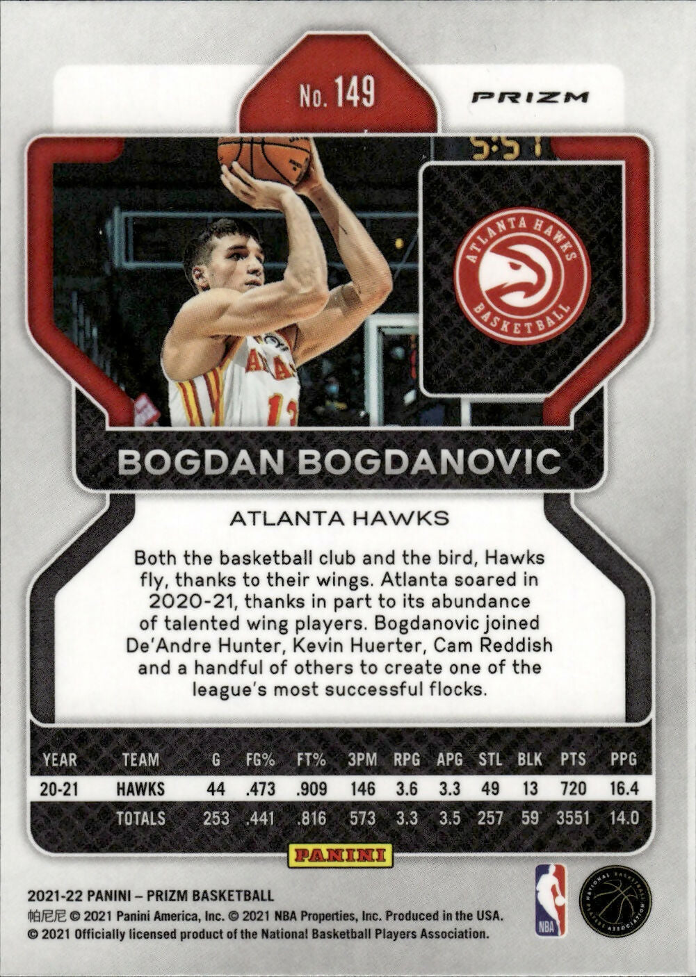 2021-22 Panini Prizm Basketball - Base - Prizm # 149 Bogdan Bogdanovic - Atlanta Hawks