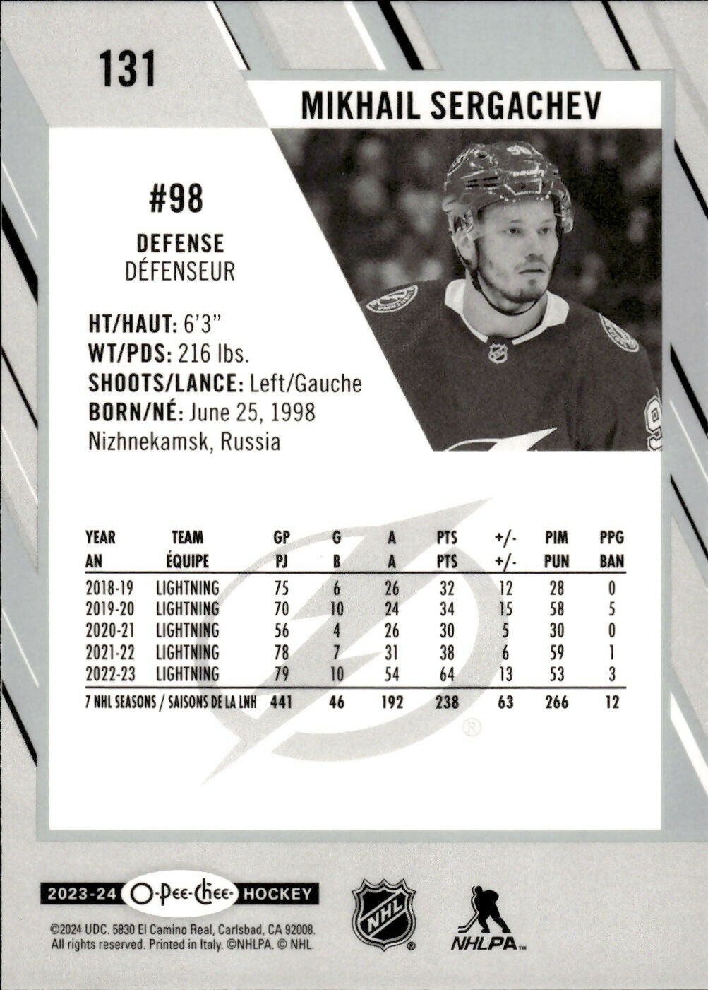 2023-24 Upper Deck O-Pee-Chee Hockey - Base #131 Mikhail Sergachev - Tampa Bay Lightning