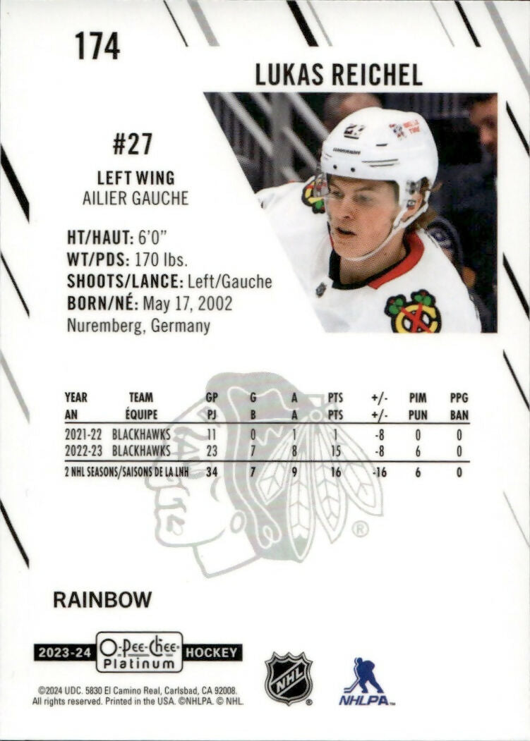2023-24 Upper Deck O-Pee Chee Platinum Hockey - Base - Rainbow #174 Lukas Reichel - Chicago Blackhawks - B