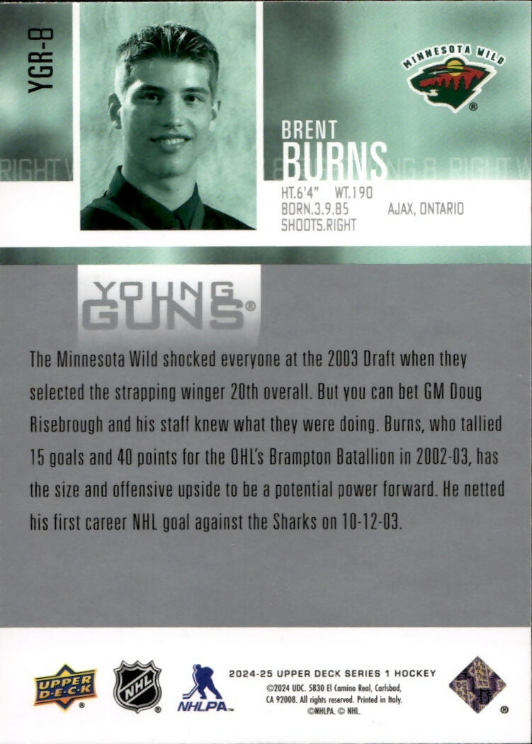 2024-25 Upper Deck Series 1 Hockey - Young Guns Renewed #YGR-8 Brent Burns - Minnesota Wild -B