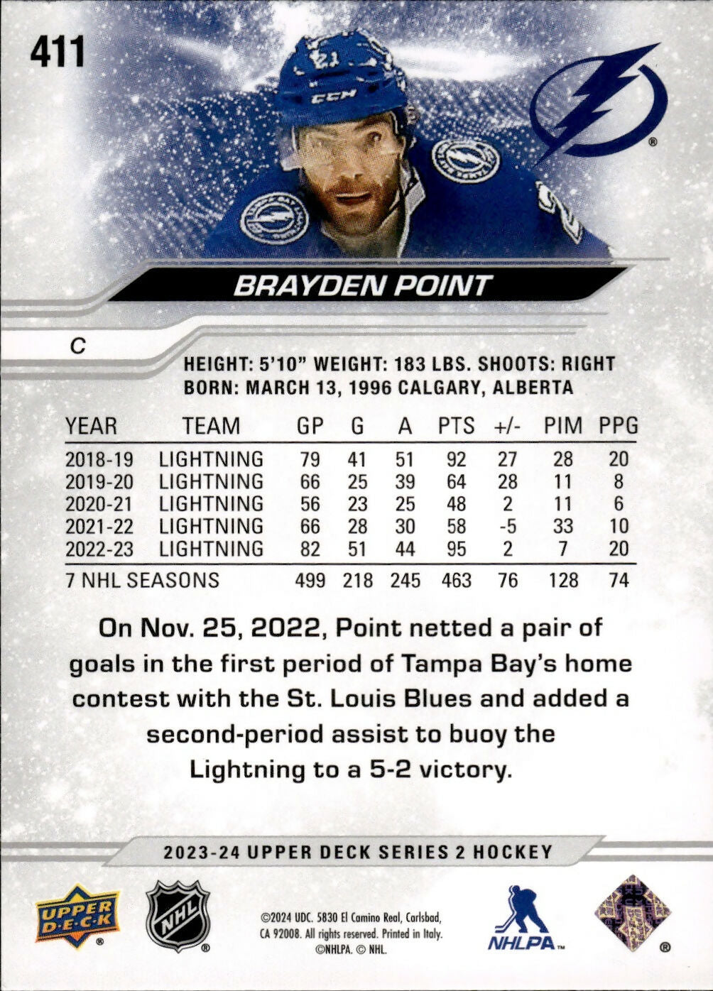 2023-24 Upper Deck Series 2 Hockey - Base #411 Brayden Point - Tampa Bay Lightning