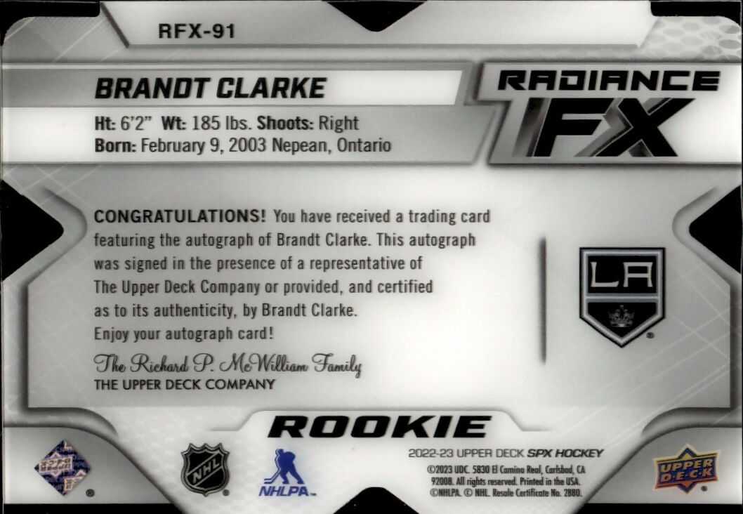 2022-23 Upper Deck SPX Hockey - Radiance FX - Purple - Auto :35 #RFX-91 Brandt Clarke - Los Angeles Kings - B