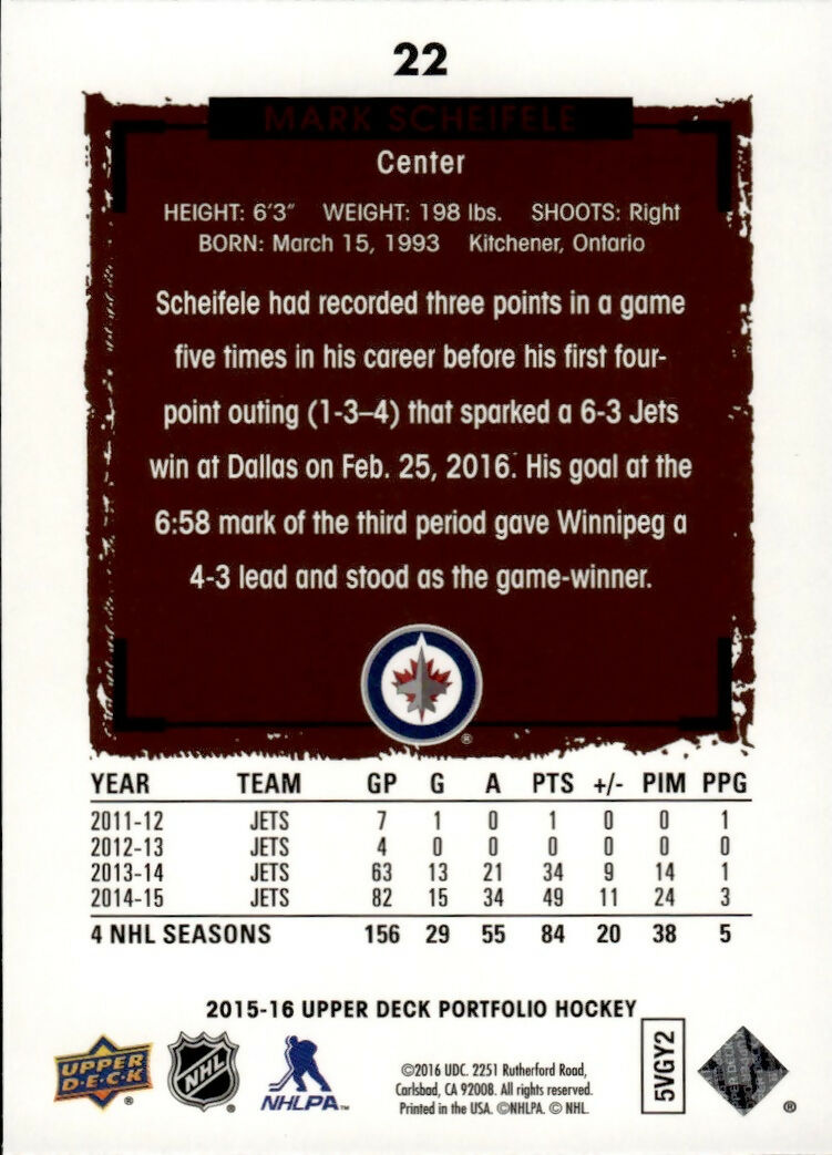 2015-16 Upper Deck Portfolio Hockey - Base #22 Mark Scheifele - Winnipeg Jets