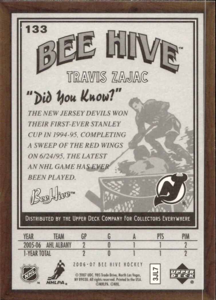 2006-07 Upper Deck - Bee Hive Hockey - Base #133 Travis Zajac - New Jersey Devils - B