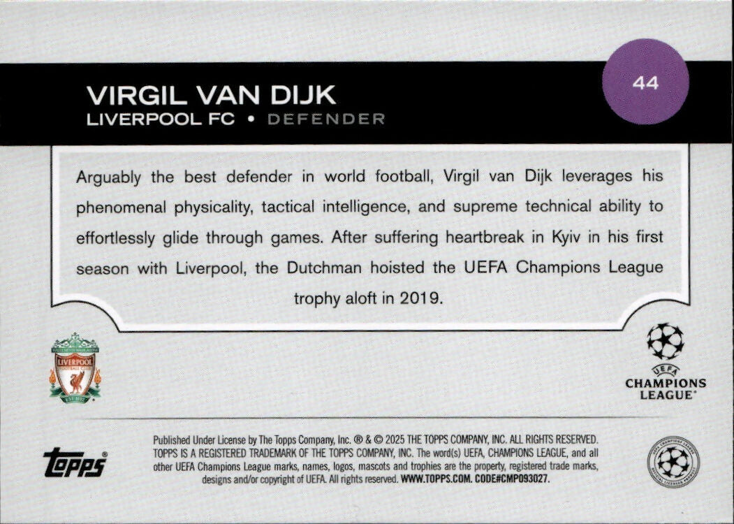2024-25 Topps UEFA Club Competitions - Base #44 Virgil Van Dijk - Liverpool FC - B