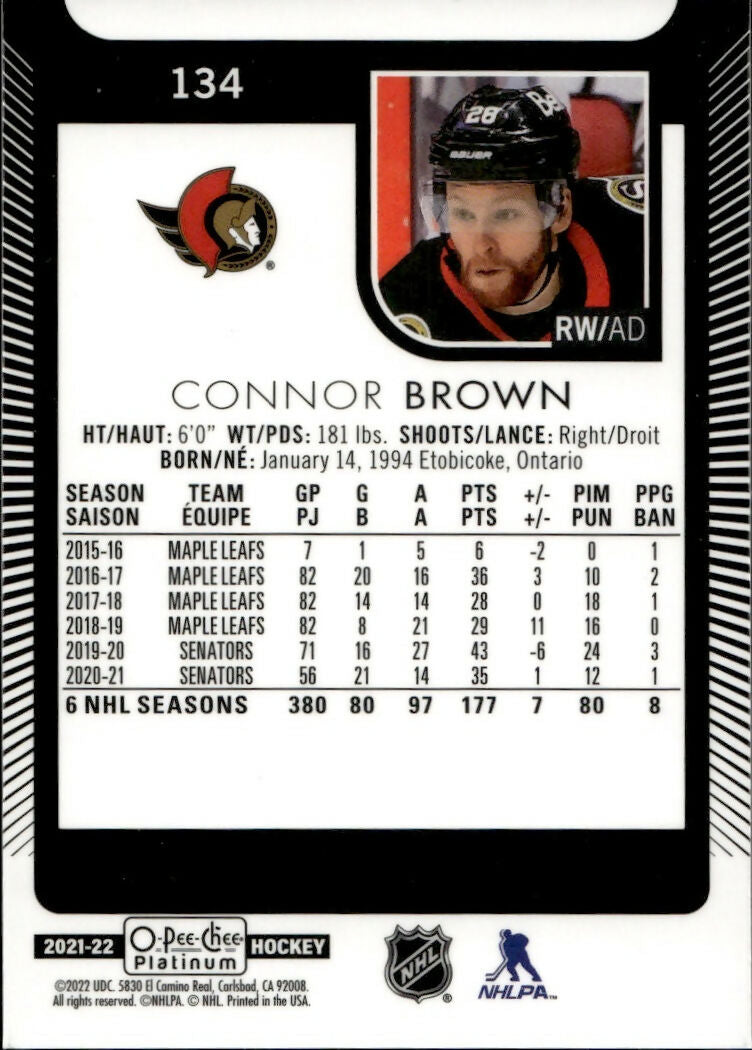 2021-22 Upper Deck O-Pee-Chee Platinum Hockey - Base #134 Connor Brown - Ottawa Senators - B