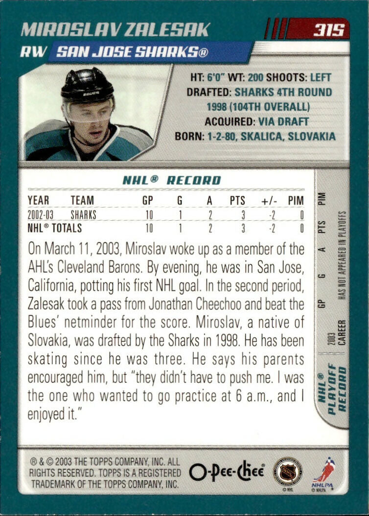 2003-04 O-Pee-Chee - Base #315 Miroslav Zalesak - San Jose Sharks - B