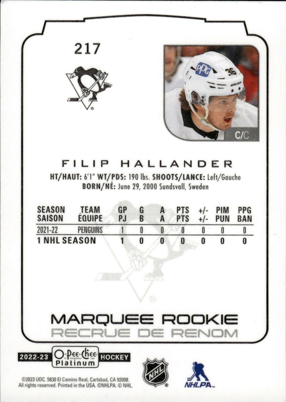 2022-23 Upper Deck O-Pee-Chee Platinum Hockey - Base - Marquee Rookie #217 Filip Hallander - Pittsburgh Penguins