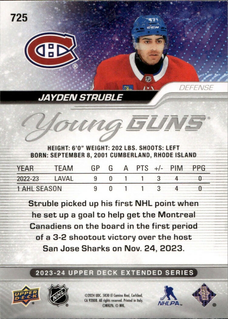 2023-24 Upper Deck Extended Series Hockey - Base - Young Guns #725 Jayden Struble - Montreal Canadiens - B