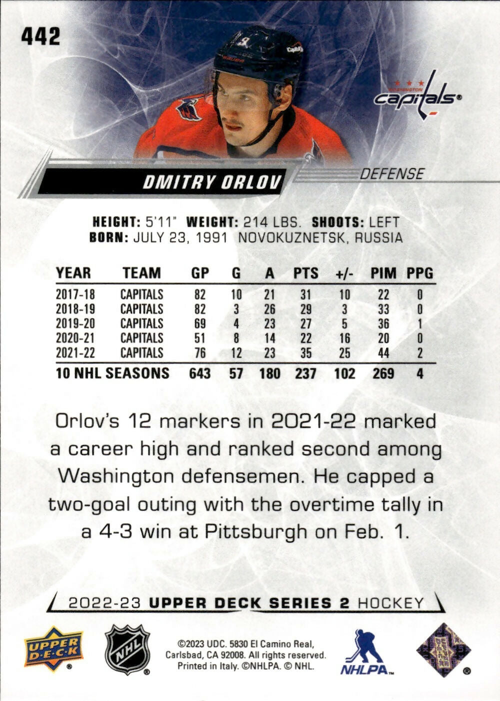 2022-23 Upper Deck Series 2 Hockey - Base #442 Dmitry Orlav - Washington Capitals