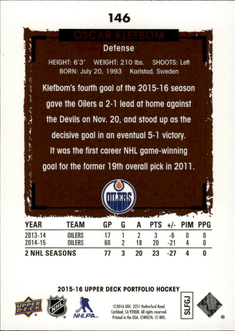 2015-16 Upper Deck Portfolio Hockey - Base #146 Oscar Klefbom - Edmonton Oilers