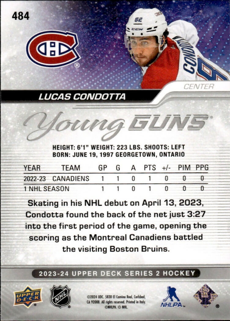 2023-24 Upper Deck Series 2 Hockey - Base - Young Guns #484 Lucas Condotta - Montreal Canadiens