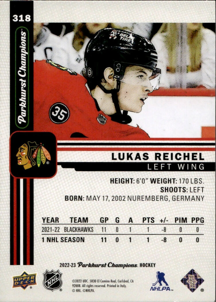 2022-23 Upper Deck Parkhurst Champions - Base #318 Lukas Reichel - Chicago Blackhawks - B