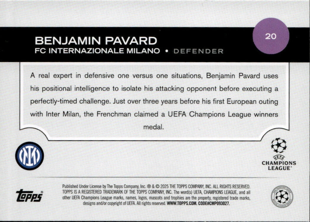 2024-25 Topps UEFA Club Competitions - Base #20 Benjamin Pavard - FC Internazionale Milano - B