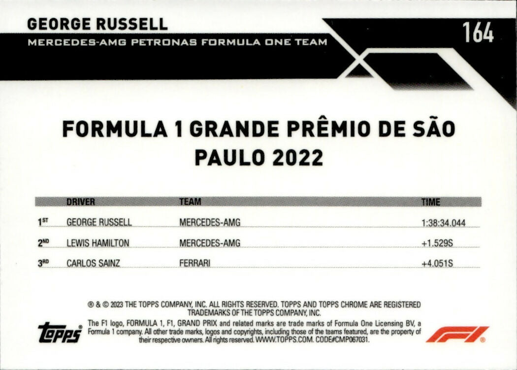 2023 Topps Chrome Formula 1 Base #164 - Grand Prix Winners George Russell - Mercedes-AMG Petronas Formula One Team - B