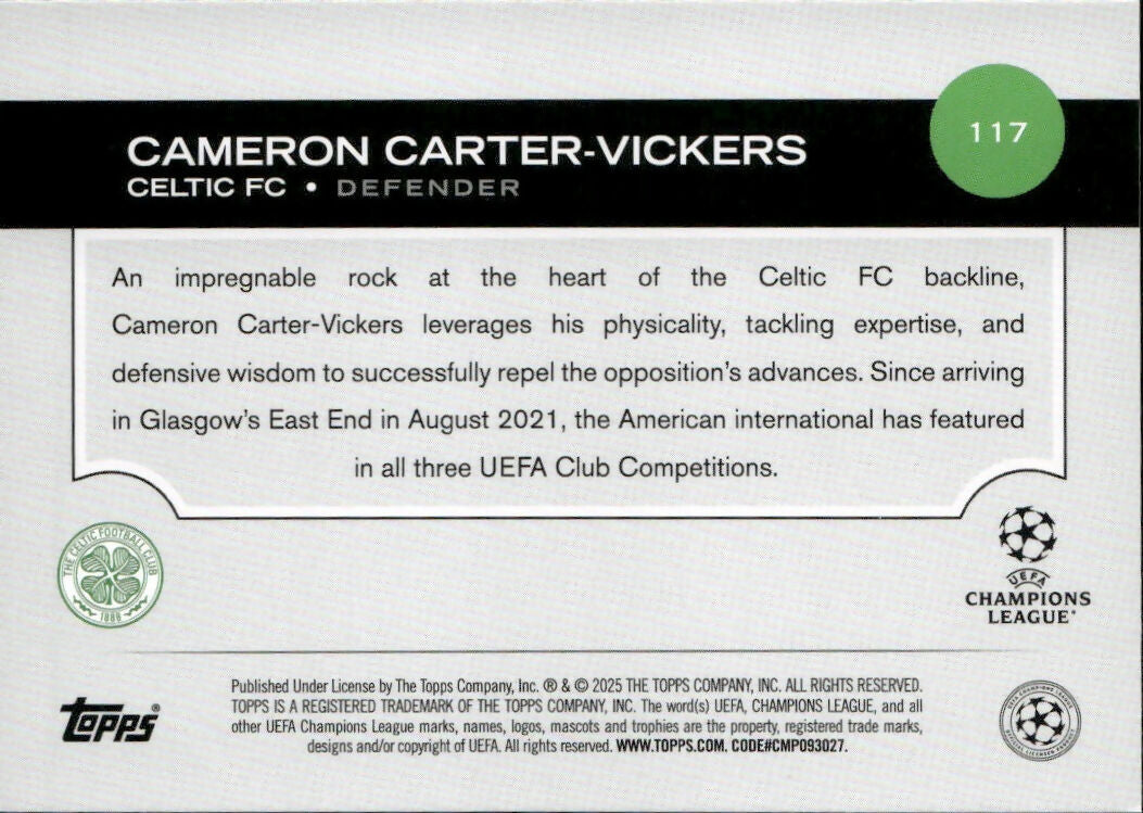 2024-25 Topps UEFA Club Competitions - Base #117 Cameron Carter-Vickers - Celtic FC - B