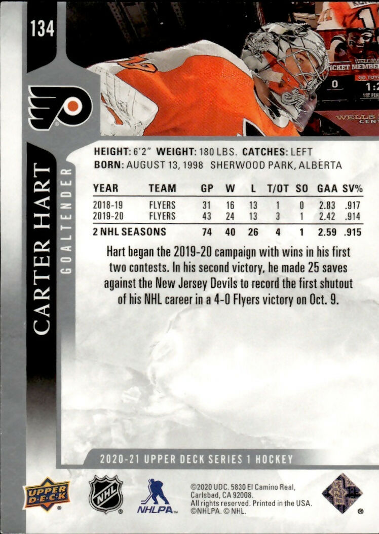 2020-21 Upper Deck Series 1 Hockey #134 Carter Hart - Philadelphia Flyers