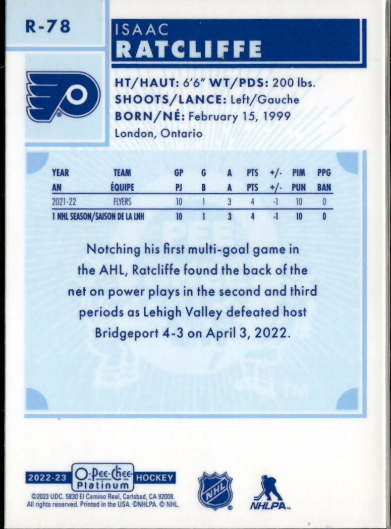 2022-23 Upper Deck O-Pee-Chee Platinum Hockey - Retro #R-78 Isaac Ratcliff - Philadelphia Flyers - B