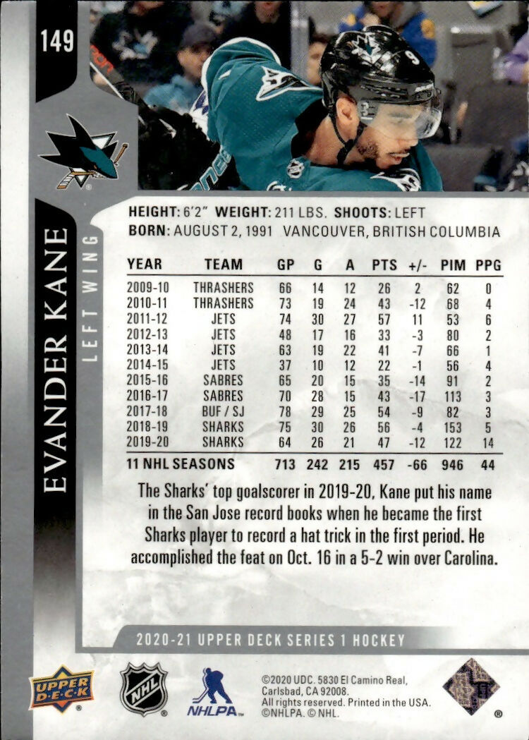 2020-21 Upper Deck Series 1 Hockey #149 Evander Kane - San Jose Sharks