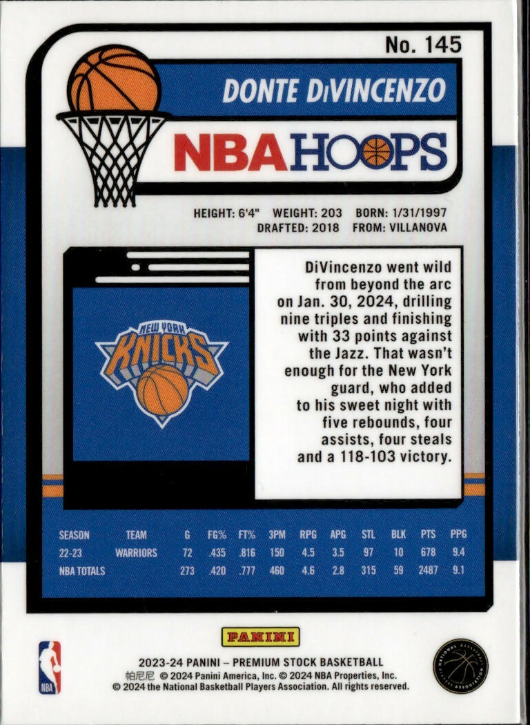 2023-24 Panini NBA Hoops Premium Stock - Base #145 Donte DiVincenzo - New York Knicks - B