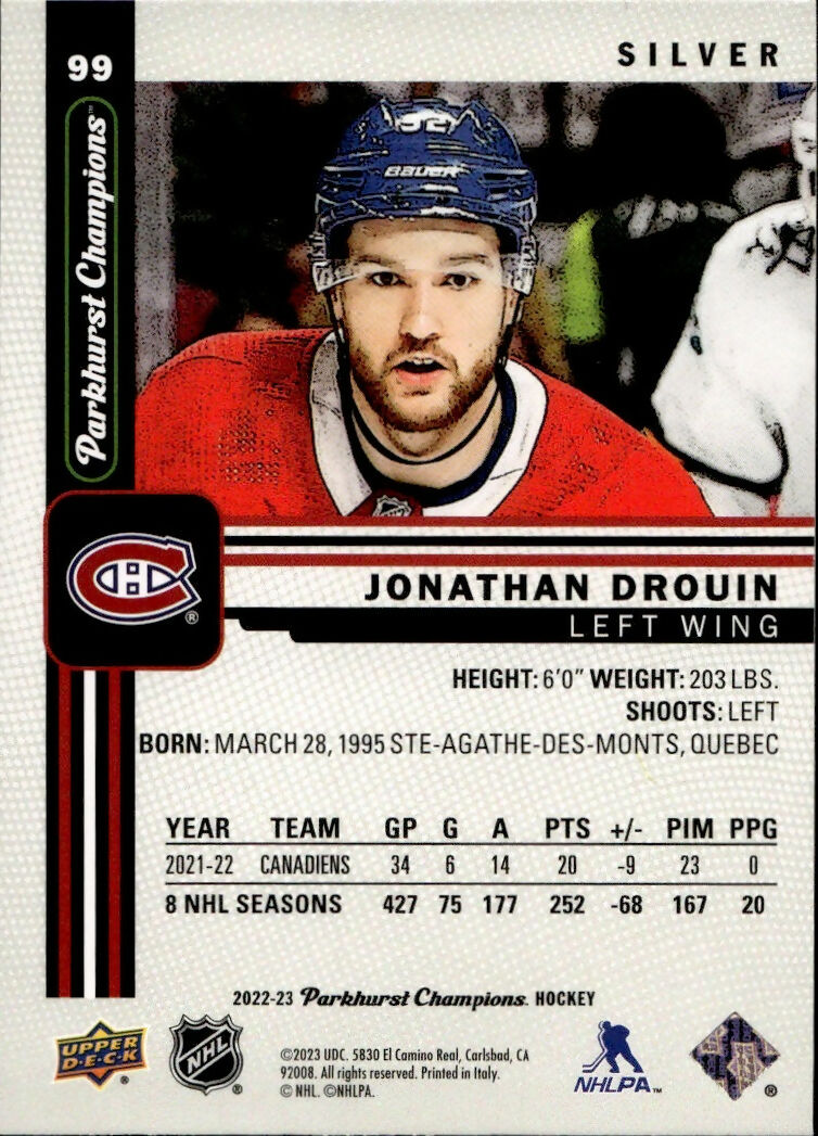 2022-23 Upper Deck Parkhurst Champions - Base - Silver #99 Jonathan Drouin - Montreal Canadiens - B