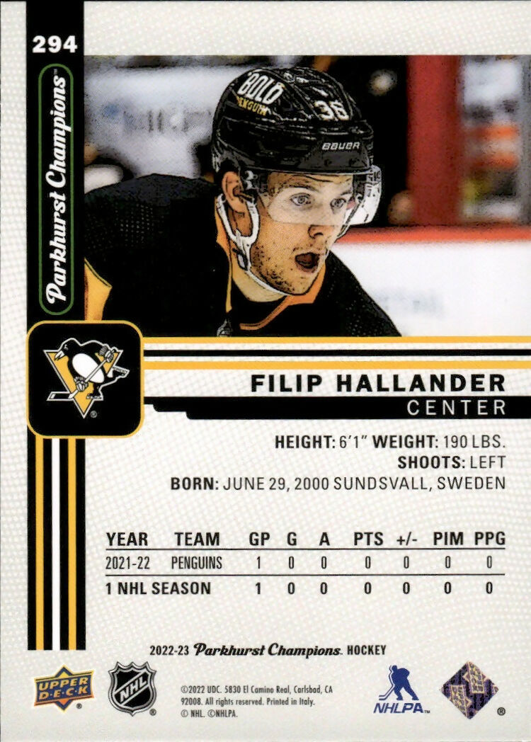 2022-23 Upper Deck Parkhurst Champions - Base #294 Filip Hallander - Pittsburgh Penguins