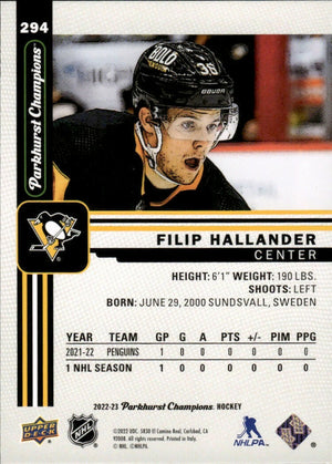 2022-23 Upper Deck Parkhurst Champions - Base #294 Filip Hallander - Pittsburgh Penguins
