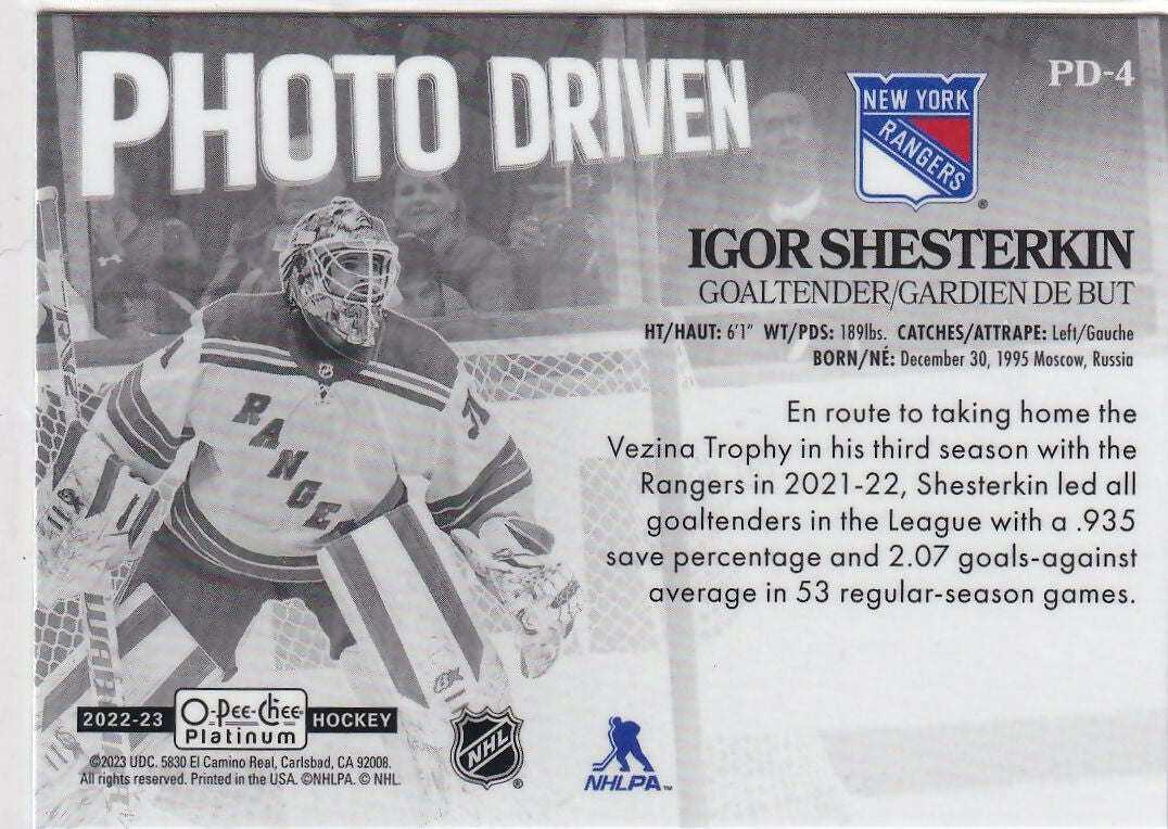 2022-23 Upper Deck O-Pee-Chee Platinum Hockey - Photo Driven #PD-4 Igor Shesterkin - New York Rangers - B