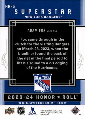 2024-25 Upper Deck Series 1 Hockey - Honor Roll - Superstars #HR-5 Adam Fox - New York Rangers - B