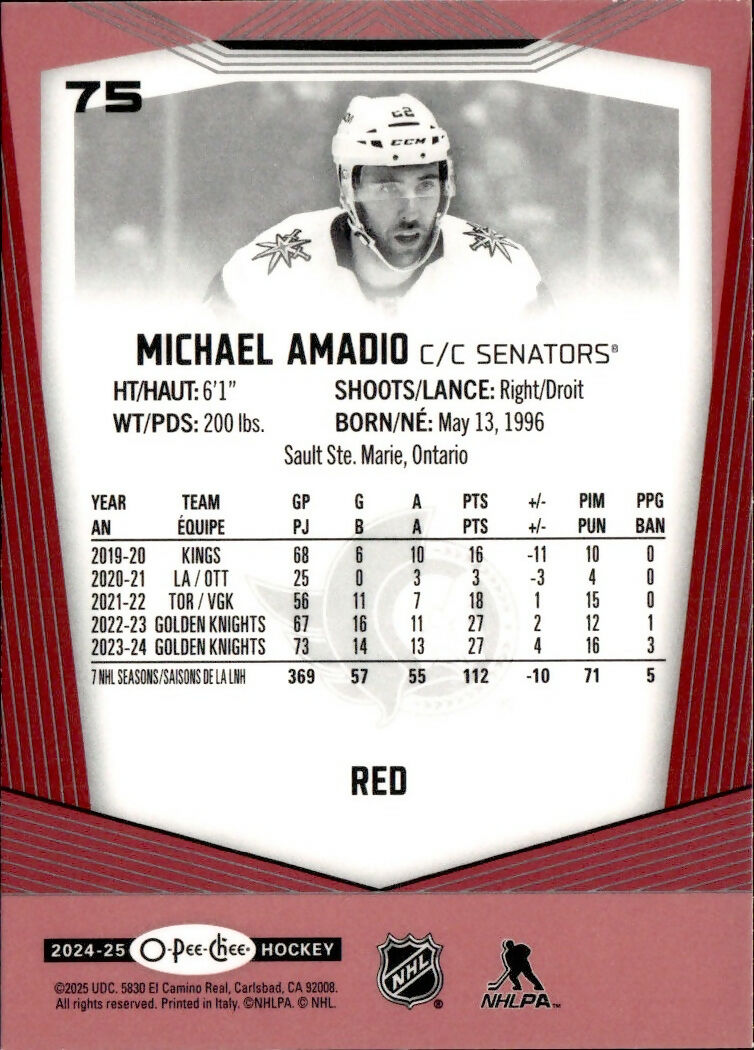 2024-25 Upper Deck O-Pee-Chee - Base - Red #75 Michael Amadio - Ottawa Senators - B