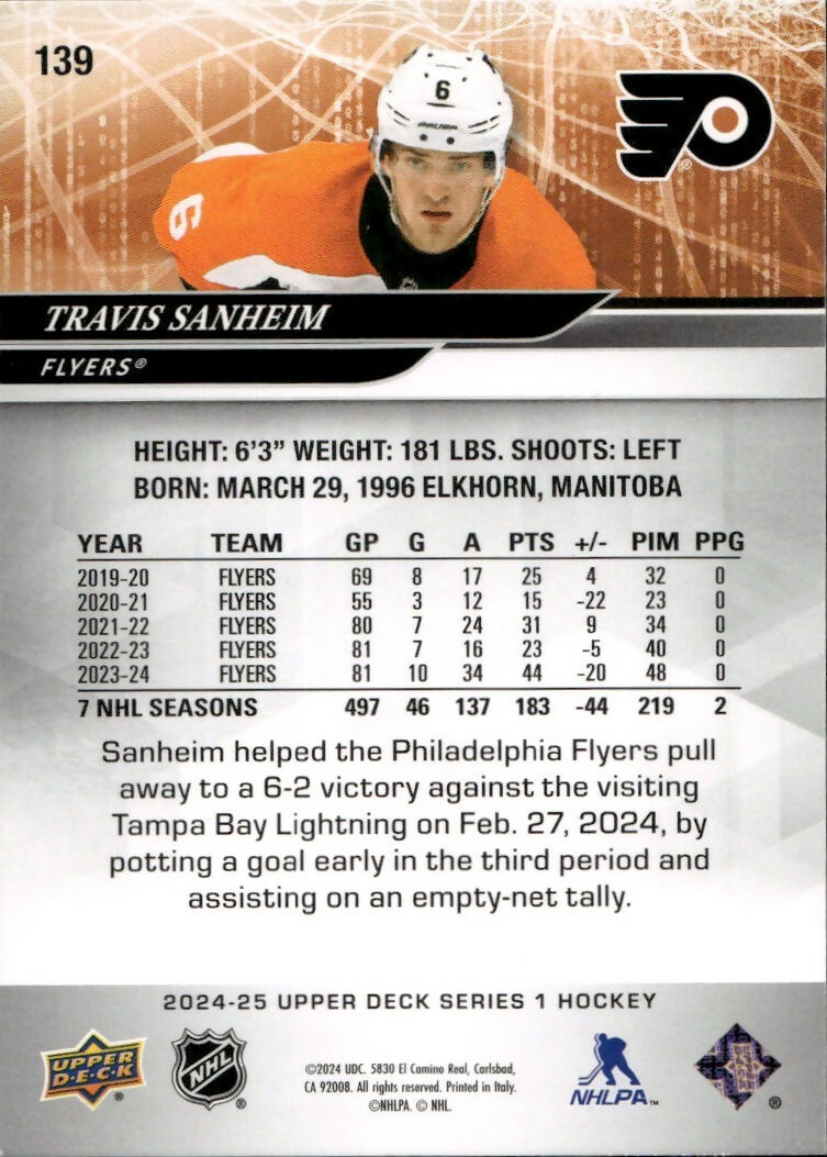 2024-25 Upper Deck Series 1 Hockey - Base #139 Travis Sanheim - Philadelphia Flyers - B