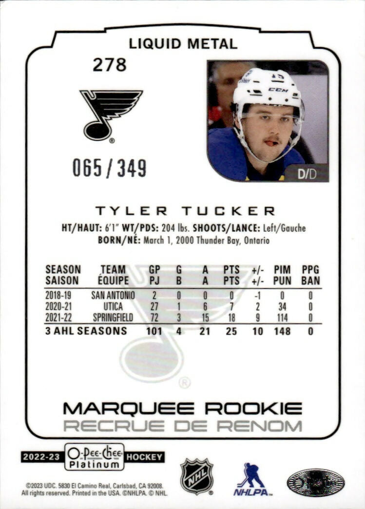 2022-23 Upper Deck O-Pee-Chee Platinum Hockey - Base - Marquee Rookie - Liquid Metal /349 #278 Tyler Tucker - St. Louis Blues