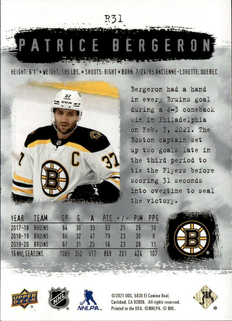 2021-22 Upper Deck SP Authentic Hockey - 2001-02 Retro #R31 Patrice Bergeron - Boston Bruins - B