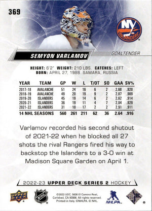 2022-23 Upper Deck Series 2 Hockey - Base #369 Semyon Varlamov - New York Islanders - B