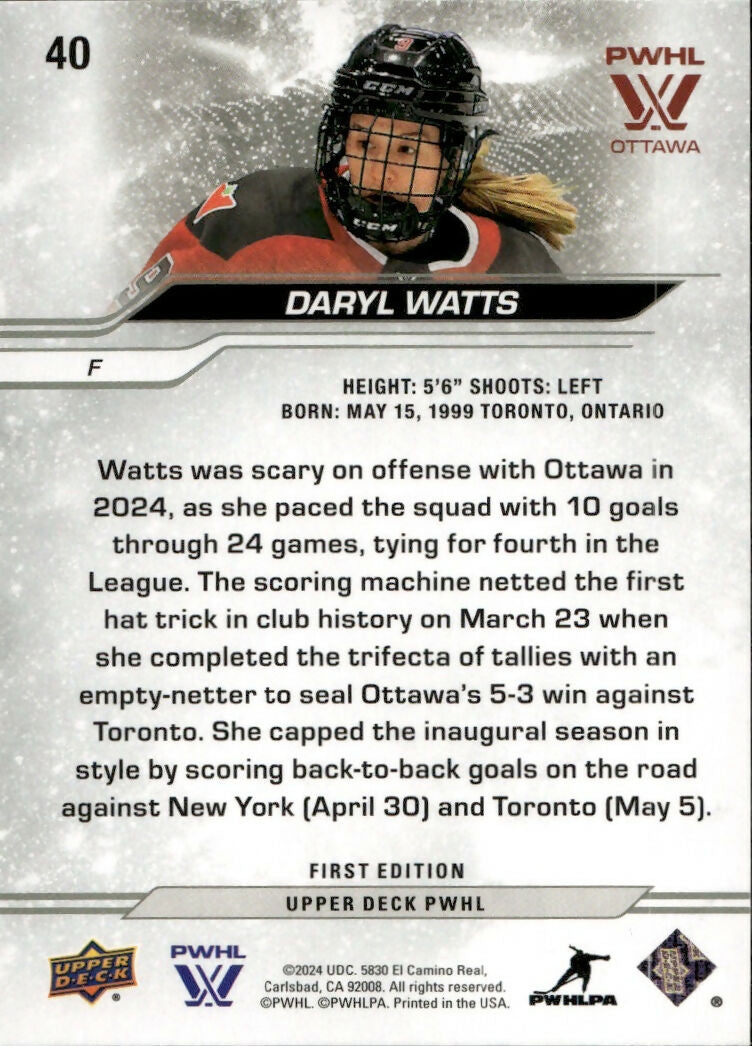 2024-25 Upper Deck PWHL Hockey - Base #40 Daryl Watts - Ottawa Charge - B