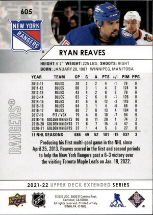 2021-22 Upper Deck Extended Series Hockey - Base #605 Ryan Reaves - New York Rangers - B
