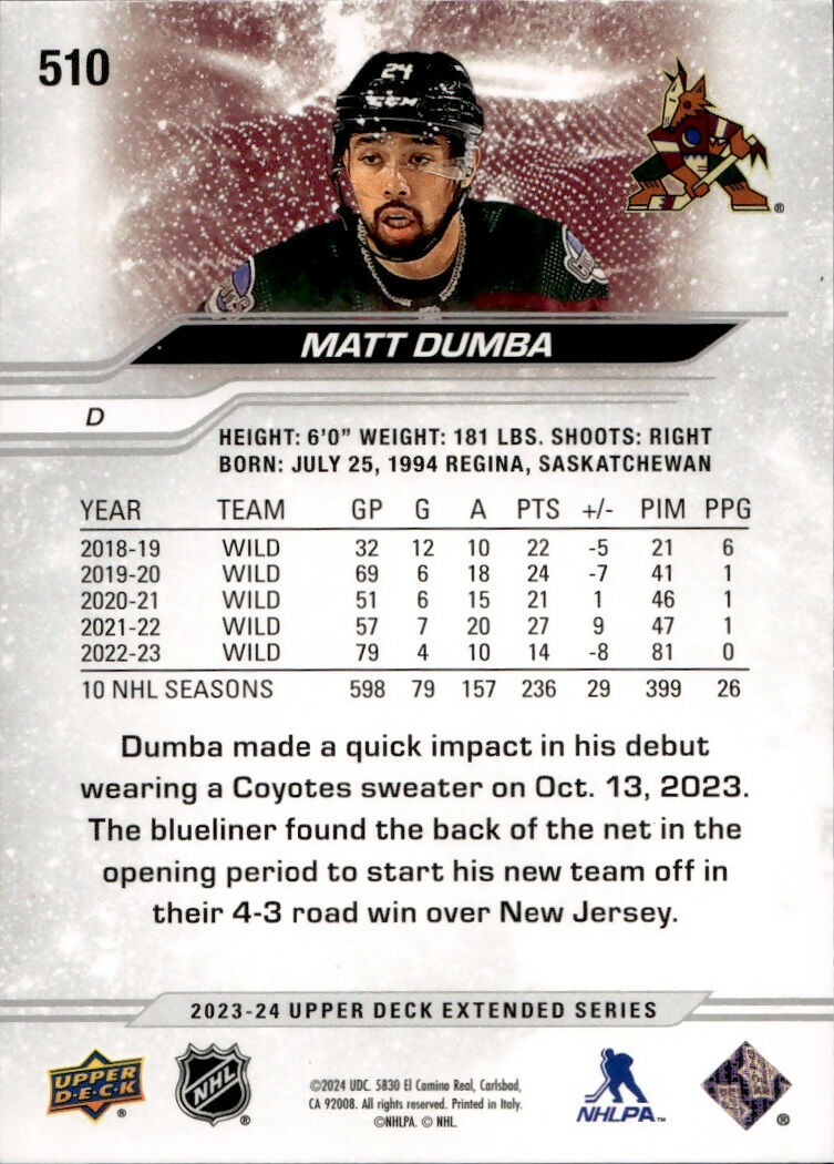 2023-24 Upper Deck Extended Series - Base - Delux :250 #510 Matt Dumba - Arizona Coyotes - B