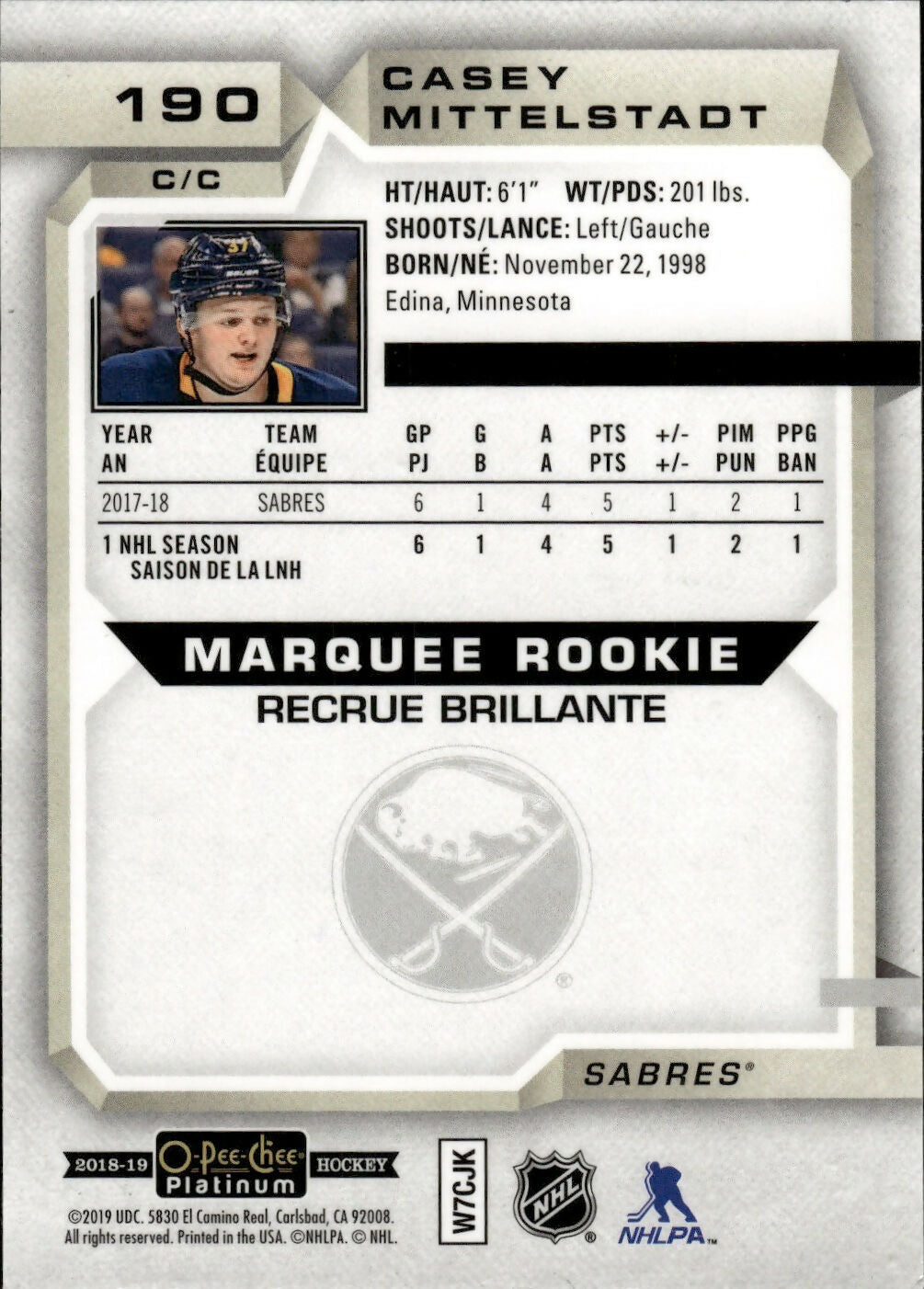 2018-19 O-Pee-Chee Platinum Hockey - Base - Marquee Rookie #190 Casey Mittelstadt - Buffalo Sabres