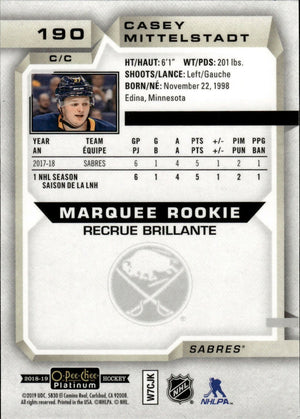 2018-19 O-Pee-Chee Platinum Hockey - Base - Marquee Rookie #190 Casey Mittelstadt - Buffalo Sabres