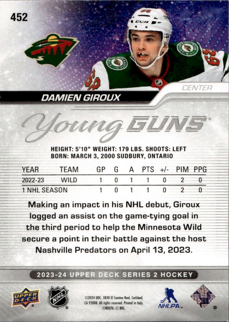 2023-24 Upper Deck Series 2 Hockey - Base - Young Guns #452 Damien Giroux - Minnesota Wild - B