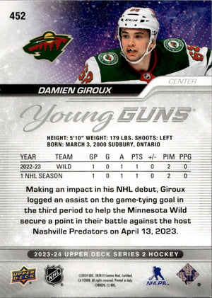 2023-24 Upper Deck Series 2 Hockey - Base - Young Guns #452 Damien Giroux - Minnesota Wild - B