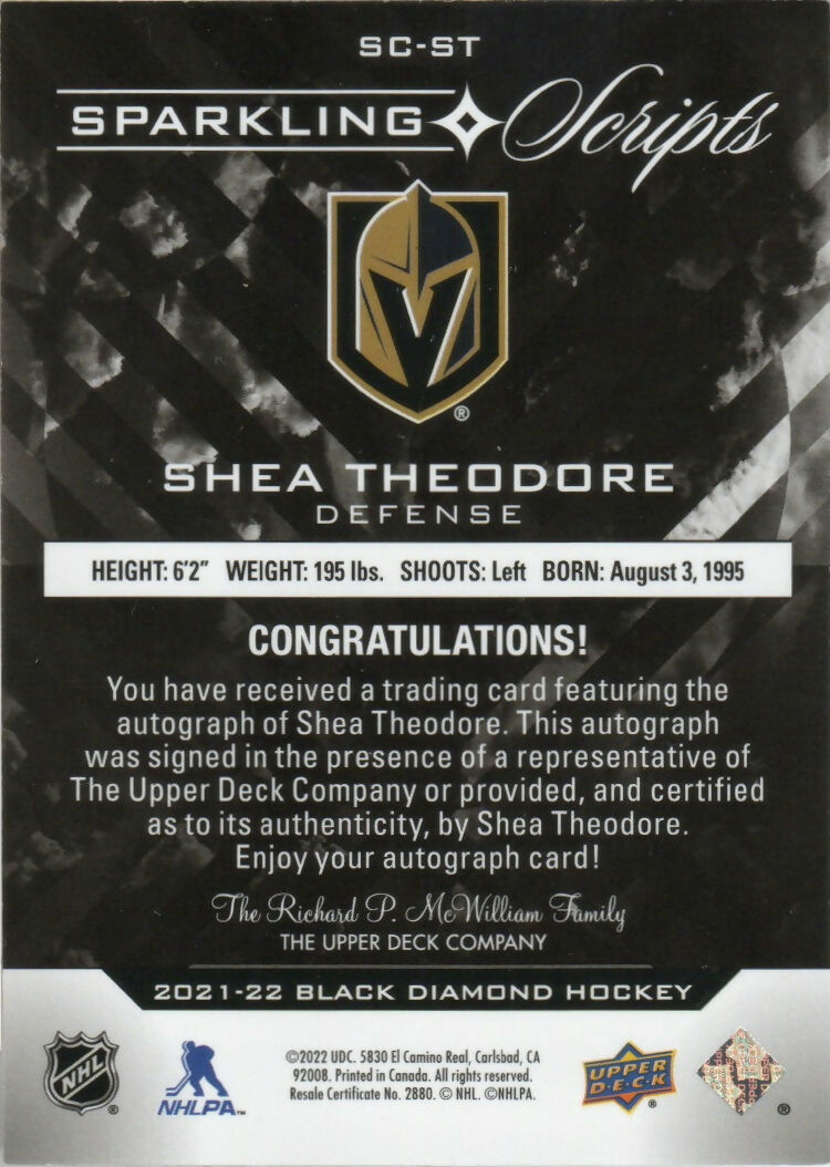 2021-22 Upper Deck Black Diamond Hockey - Sparkling Scripts #SC-ST Shea Theodore - Vegas Golden Knights