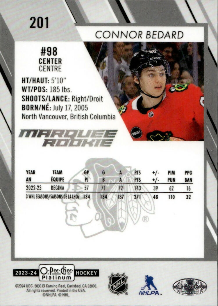 2023-24 Upper Deck O-Pee-Chee Platinum Hockey - Base - Marquee Rookie #201 Connor Bedard - Chicago Blackhawks - B