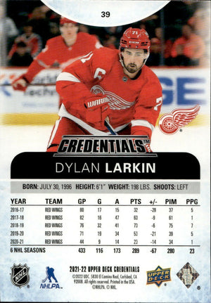 2021-22 Upper Deck Credentials - Base - #39 Dylan Larkin - Detroit Red Wings - B