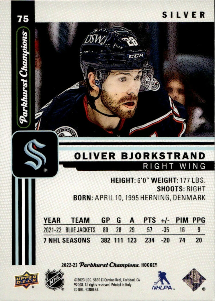 2022-23 Upper Deck Parkhurst Champions - Base - Silver #75 Oliver Bjorkstrand - Seattle Kraken - B